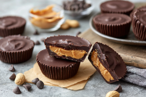 flat lay of healthy peanut butter cups made with protein powder