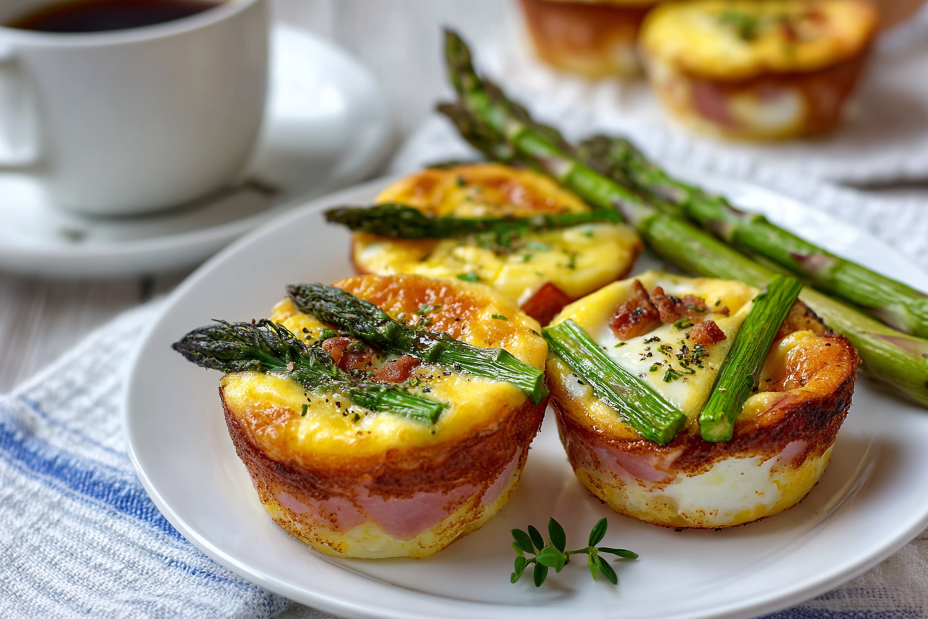 air fryer egg cups with ham and asparagus on a white plat with a side of asparagus and cup of coffee